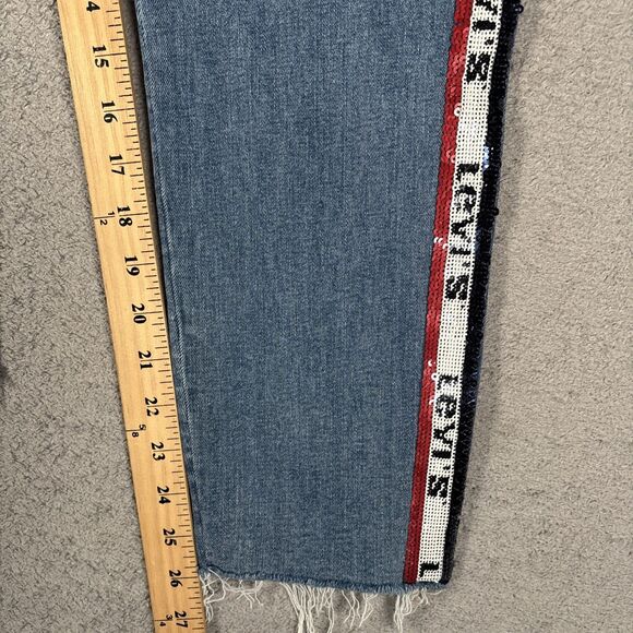 Levi's 721 Premium High Rise Denim Jean Skinny Sz 33 Sequin Logo Stripes Raw Hem - Picture 9 of 16